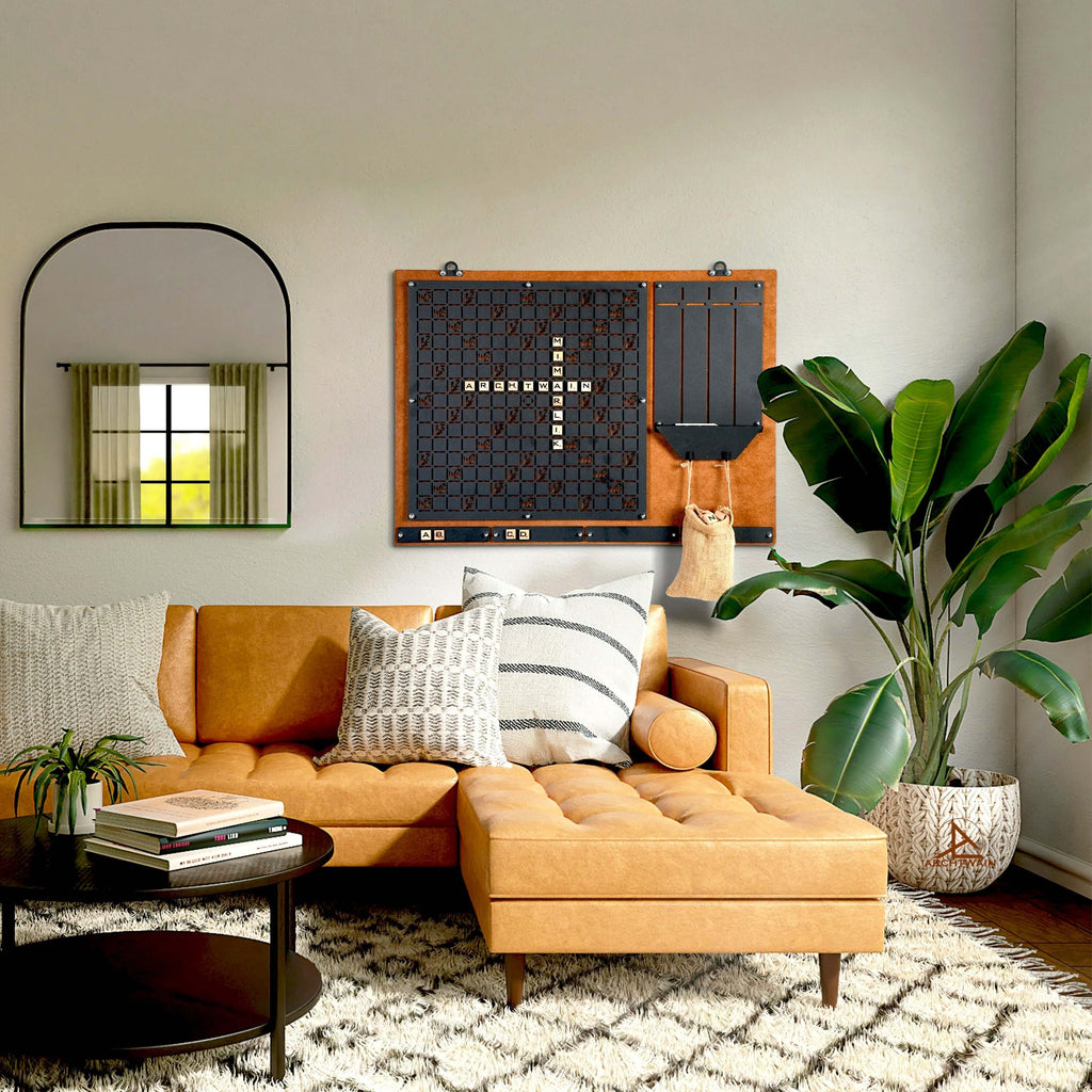 Stylish minimalist living room with a mustard sofa, decorative pillows, and a unique wall decor piece.