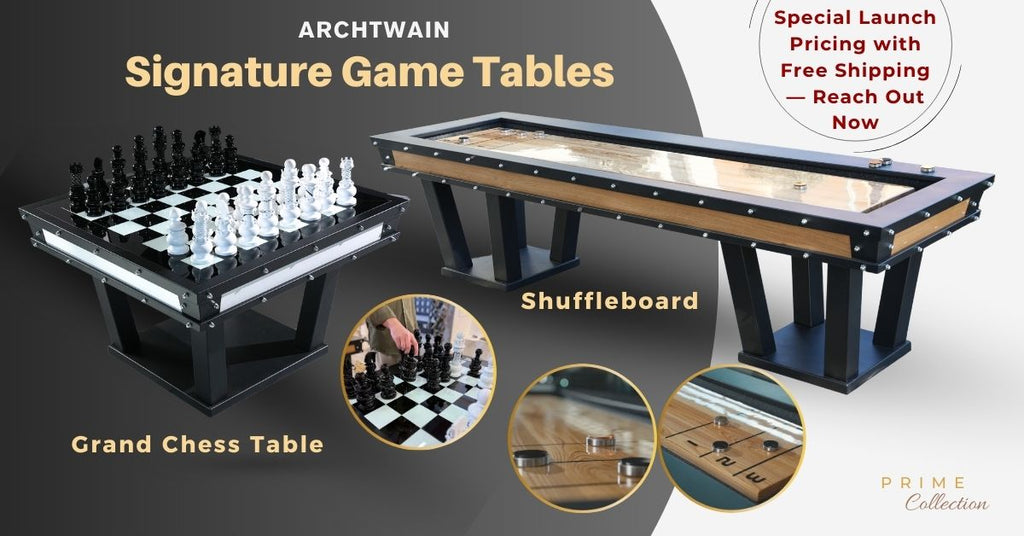 Stylish Archtwain Signature Game Tables featuring Grand Chess and Shuffleboard with promotional offer.