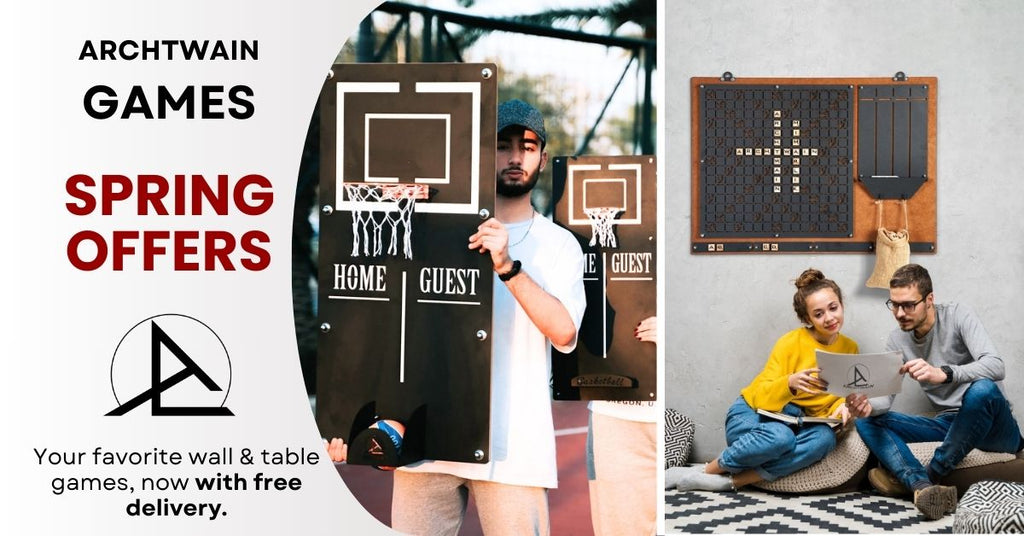 Spring offers on Archtwain wall and table games, featuring unique designs and free delivery.