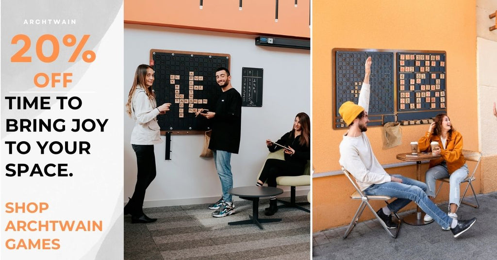 Friends enjoying Archtwain games with a wall-mounted game, promoting 20% off for a joyful space.