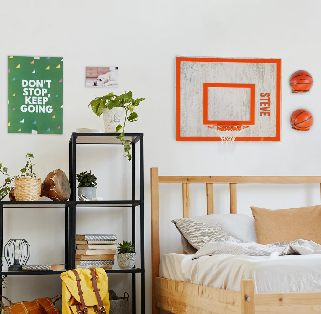Personalization wooden single hoop with basketballs in modern bedroom decor, enhancing wall aesthetics and entertainment.