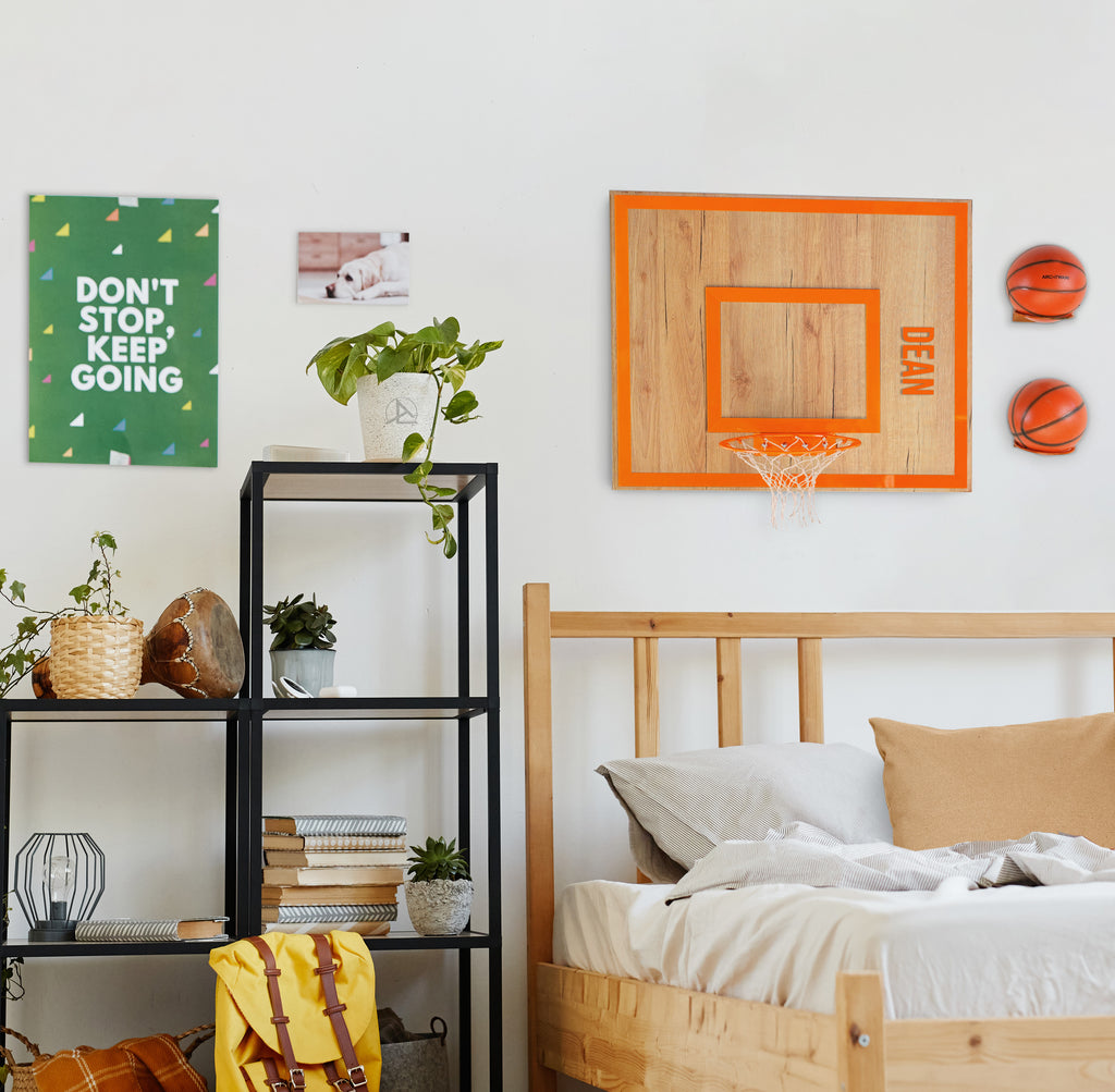 Personalization Wooden Single Hoop on wall with motivational poster and cozy bedroom decor.