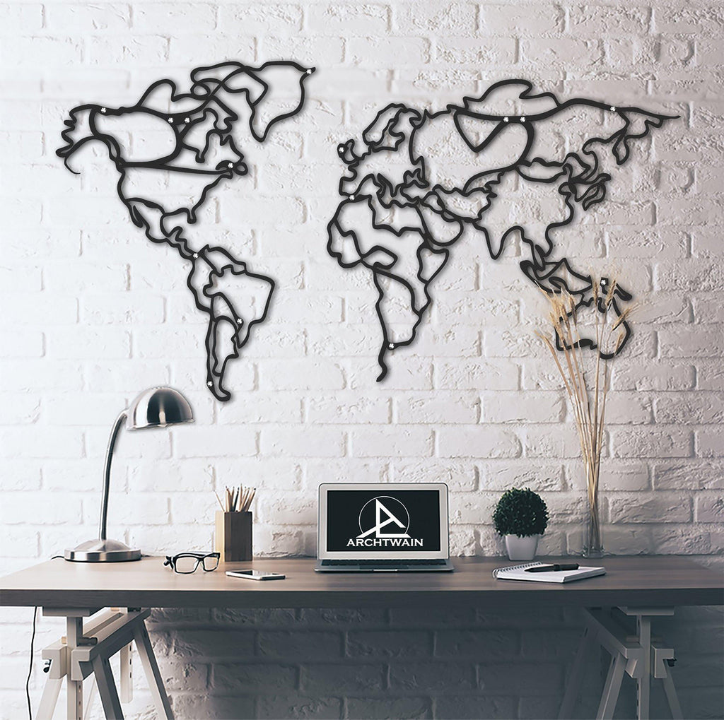 Metal duvar dekor-archtwain-Line - Metal World Map-home office decorations