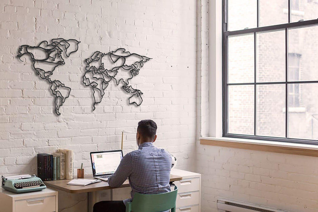 Metal duvar dekor-archtwain-Line - Metal World Map-home office decorations